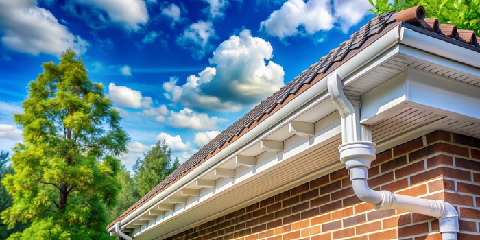 White PVC Gutter System on Brick House, Blue Sky, Clouds, Composition, Gutter Installation gutter installation, roofing