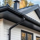 A black seamless gutter contrasting beautifully against a white modern house