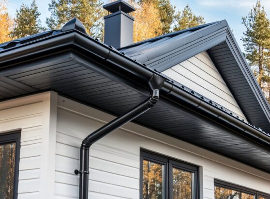 A black seamless gutter contrasting beautifully against a white modern house