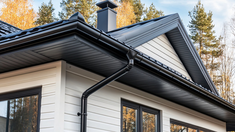 A black seamless gutter contrasting beautifully against a white modern house