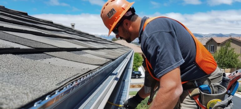 gutter repair expert working on residential roof
