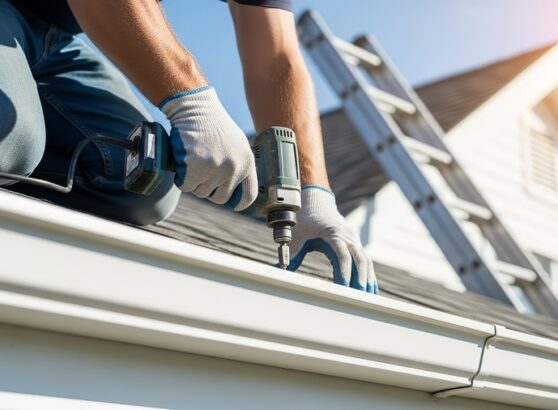 A skilled handyman wearing protective gloves is installing a new roof guttering system He is using a power drill to fasten the gutter securely to the roof