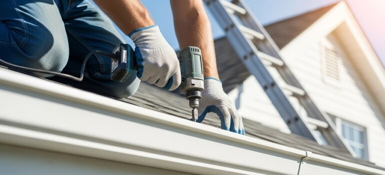 A skilled handyman wearing protective gloves is installing a new roof guttering system He is using a power drill to fasten the gutter securely to the roof