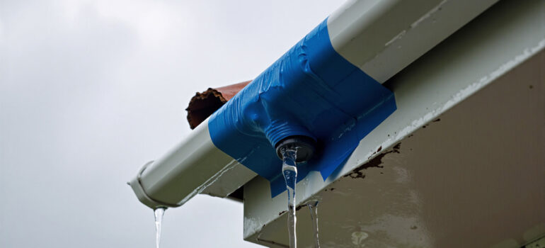 broken rain gutter, temporarily fixed with blue duct tape, is failing and leaking water, showing the need for proper home maintenance and repair