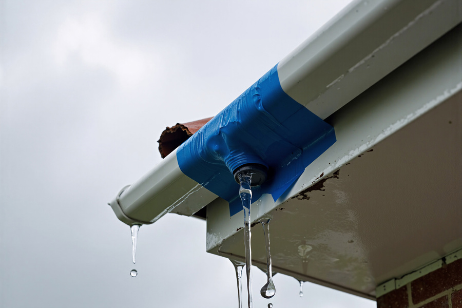 broken rain gutter, temporarily fixed with blue duct tape, is failing and leaking water, showing the need for proper home maintenance and repair