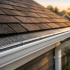 White leaf guard or gutter guard system with mesh screen on a residential house for debris protection