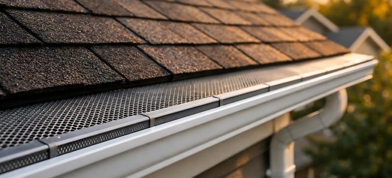 White leaf guard or gutter guard system with mesh screen on a residential house for debris protection