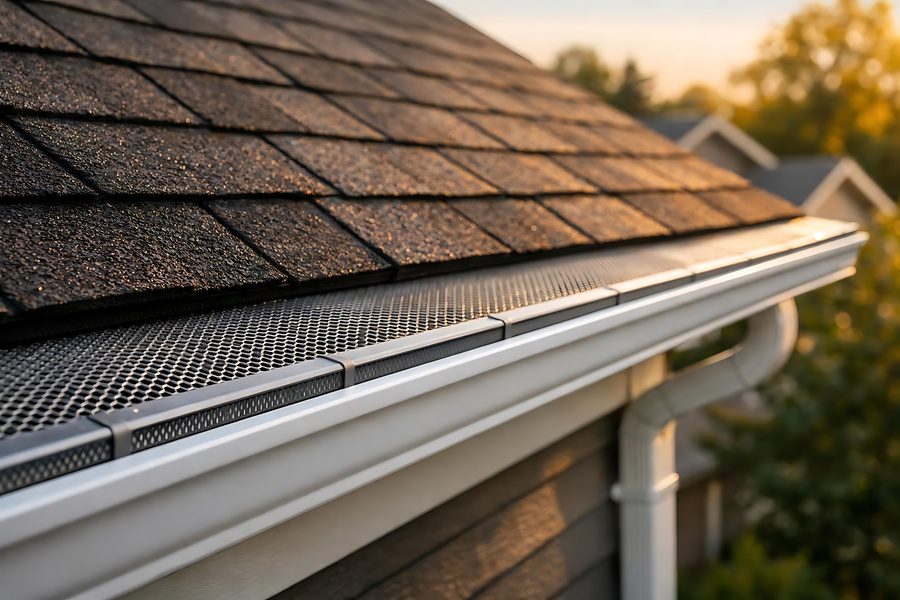 White leaf guard or gutter guard system with mesh screen on a residential house for debris protection
