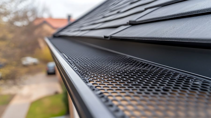 Close-up of a home's gutter system showcasing a leaf guard