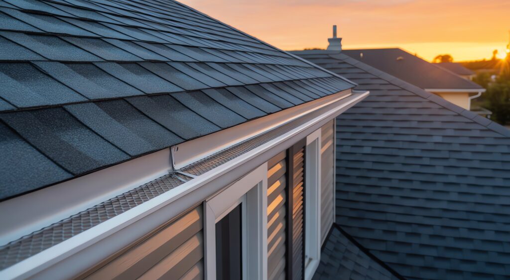 Modern residential roof with dark asphalt shingles, durable gutter system, and leaf guard