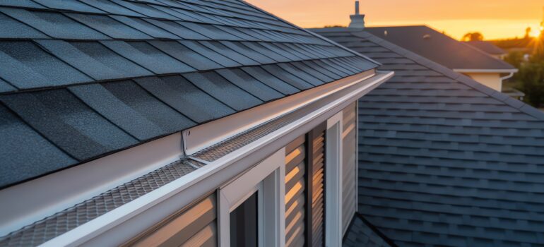Modern residential roof with dark asphalt shingles, durable gutter system, and leaf guard