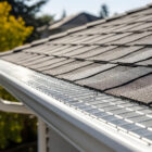 residential asphalt shingle roof and gutter guard installation | White seamless rain gutter with leaf protection mesh screens