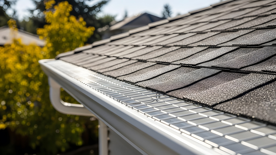 residential asphalt shingle roof and gutter guard installation | White seamless rain gutter with leaf protection mesh screens
