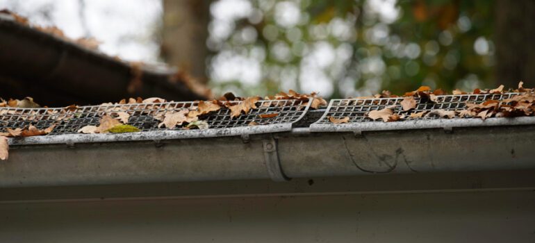 Autumn leaves on the roof of the house
