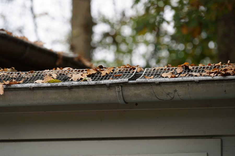 Autumn leaves on the roof of the house