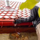 gutter cleaning expert cleans leaves from a red tiled roof gutter. home maintenance, roof repair, autumn service.